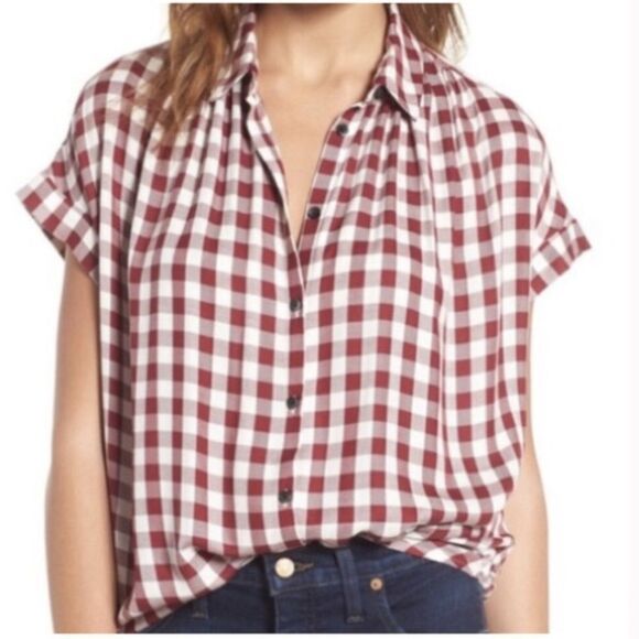 Madewell burgundy and white checked oversized blouse size XXS - Picture 2 of 7
